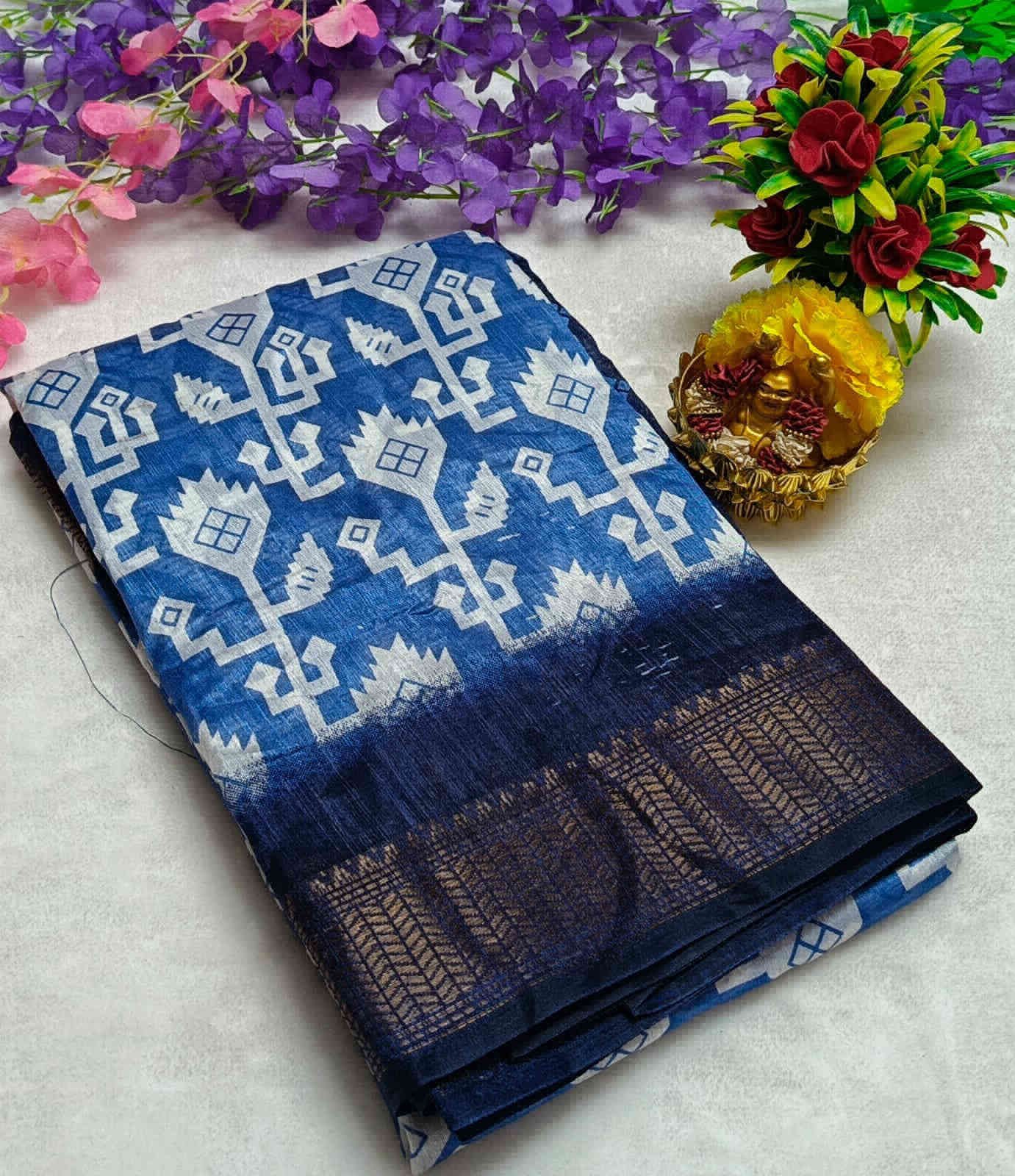 Photo 1 of 1 - Geometric Printed Silk Saree with Banarasi border - Traditional Indian Saree for Women | UTHIRAA GARMENTS